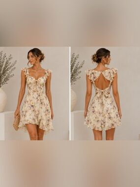 NWT 2Bella Sausalito Beautiful Floral Backless Mini Dress in Cream, Size S